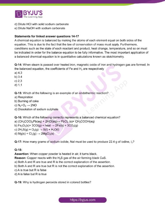 Class 10 Chemistry Worksheet on Chapter 1 Chemical Reactions and ...