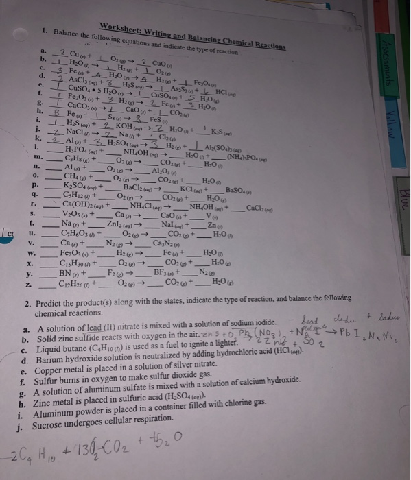 chemical reactions worksheet with answers