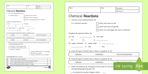 chemical reactions worksheet