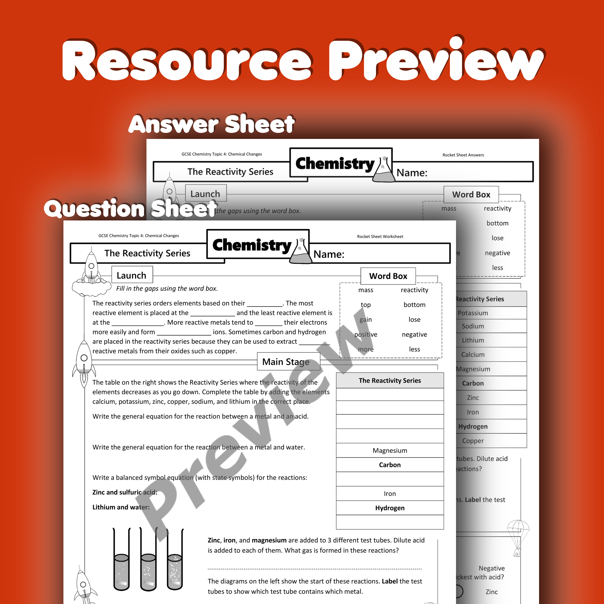 The Reactivity Series Home Learning Worksheet GCSE