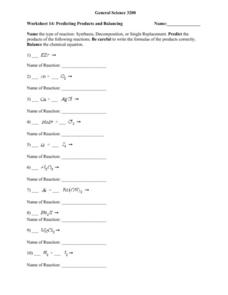 chemichal reactions predicting products worksheet