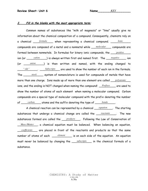 chemistry a study of matter worksheet answers