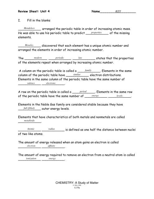 chemistry a study of matter worksheet answers