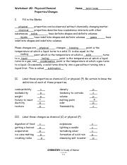 chemistry a study of matter worksheet answers