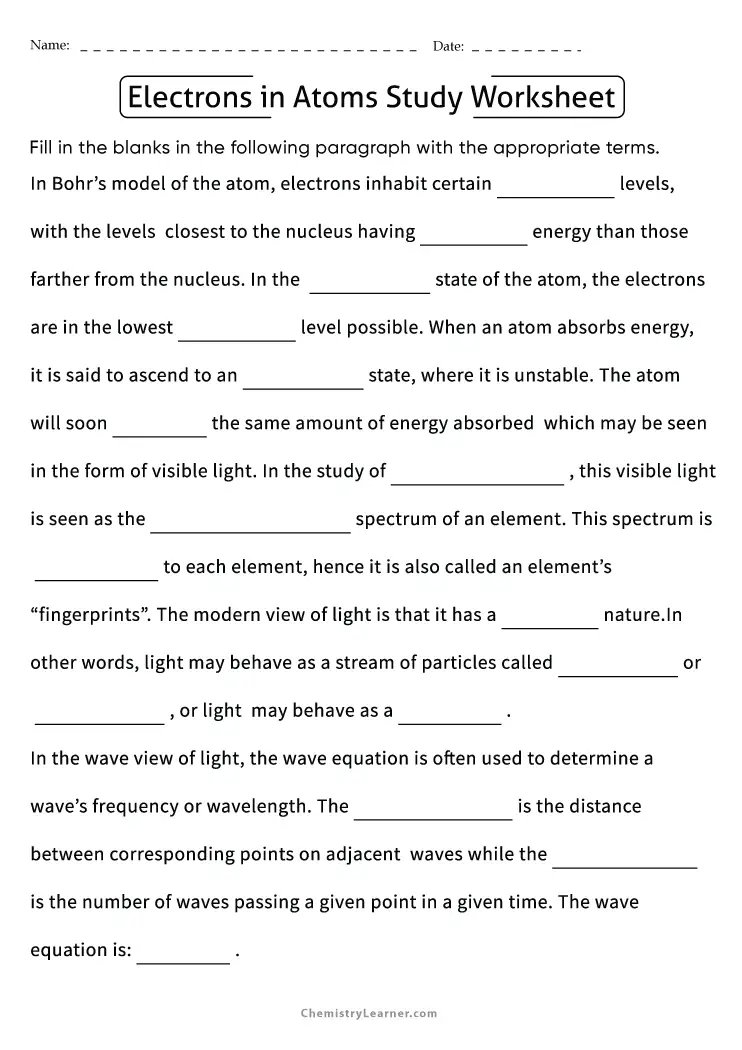 Free Printable Electrons in Atoms Worksheets