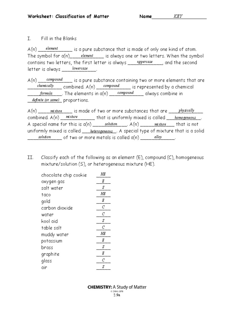 chemistry a study of matter worksheet answers