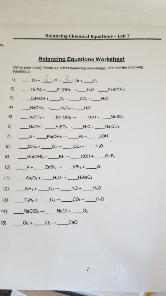 Solved Balancing Chemical Equations - Lab 7 Balancing | Chegg.com ...