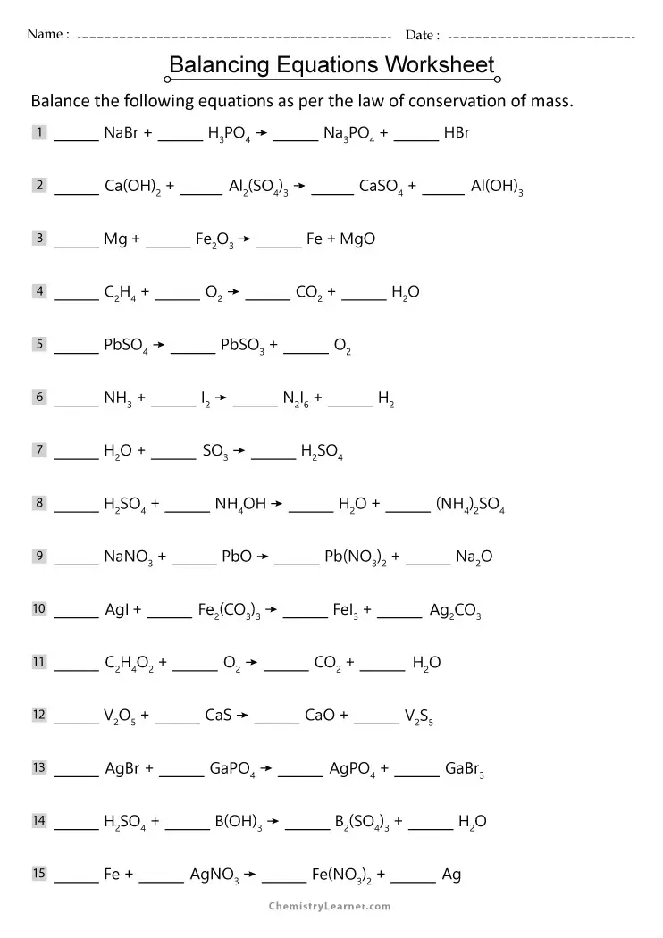 chemistry balancing equations worksheet answers
