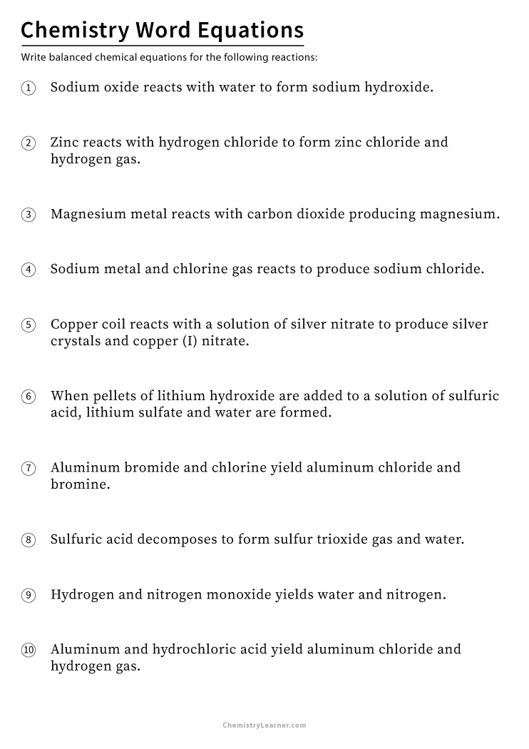 chemistry chemical word equations worksheet answers