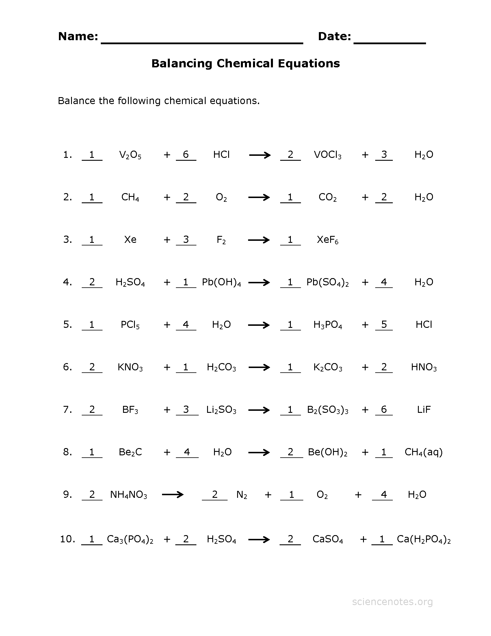 chemistry chemical word equations worksheet answers
