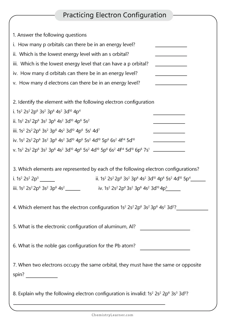 chemistry electron configuration worksheet