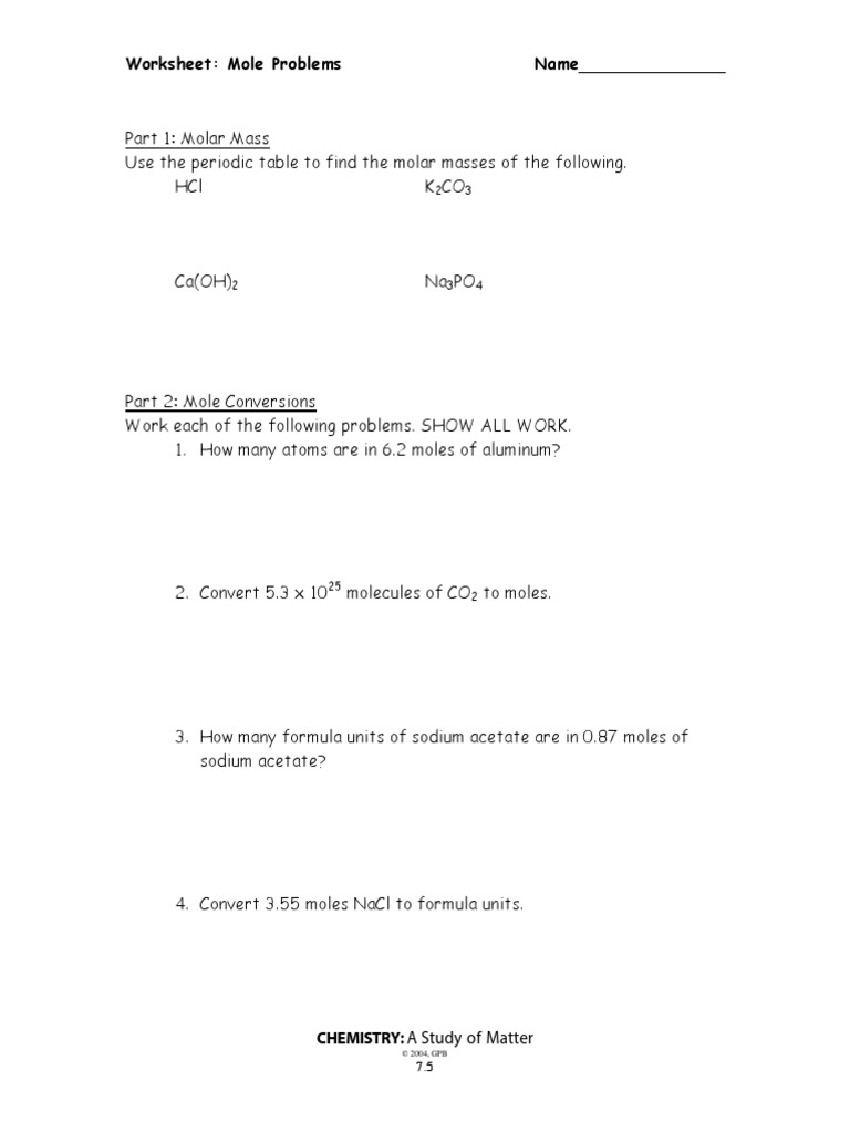 chemistry mole problems worksheet