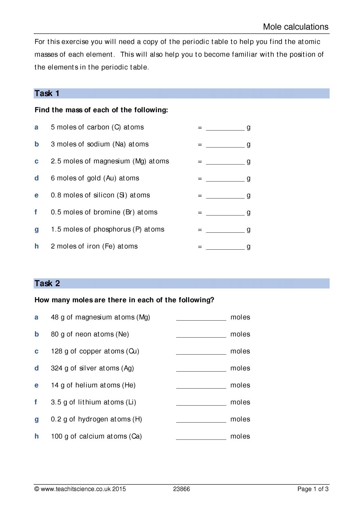 chemistry mole worksheet