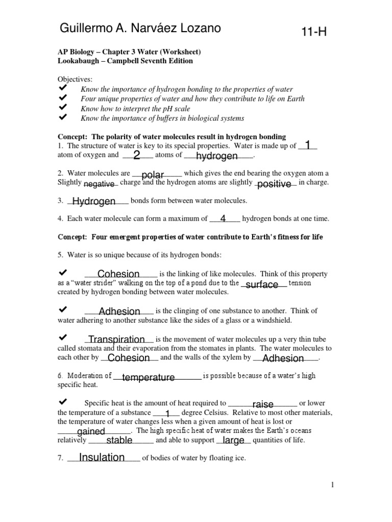 chemistry of water worksheet