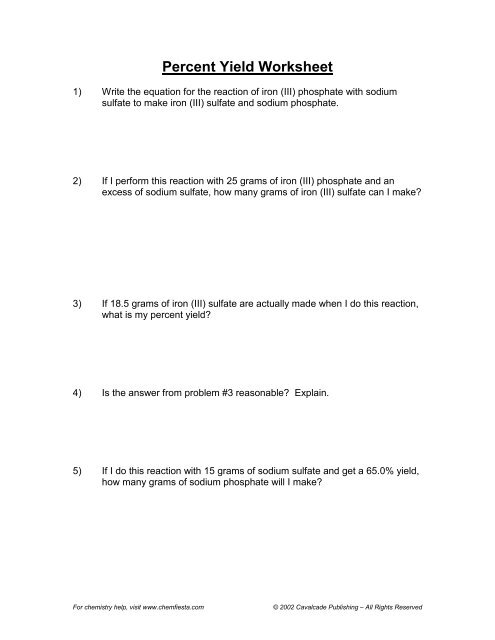 chemistry percent yield worksheet