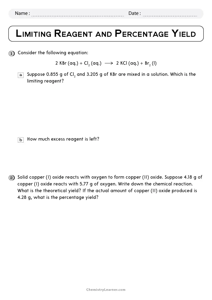 chemistry percent yield worksheet