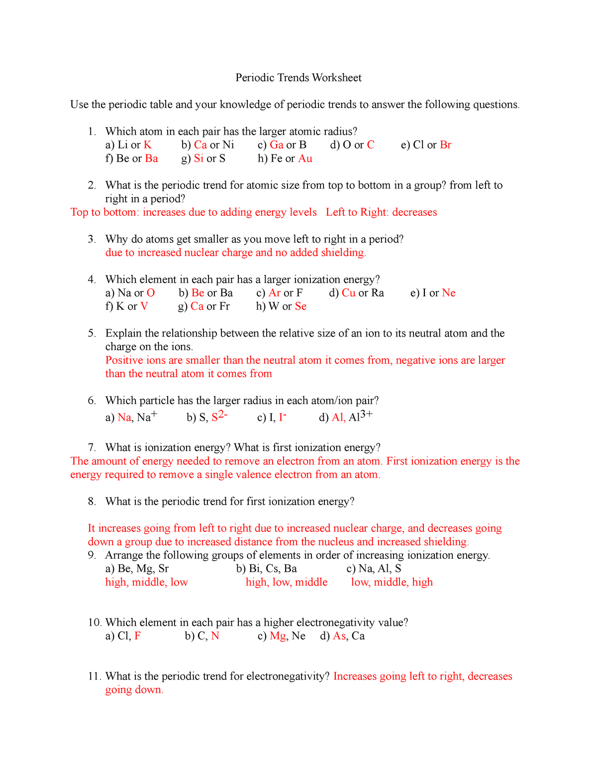 Free Periodic Trends Worksheet Answers For Students - Worksheets Library