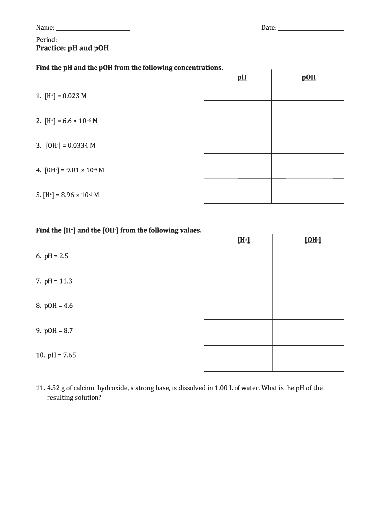 chemistry ph and poh calculations worksheet