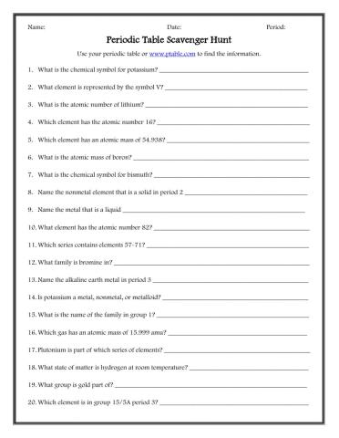 Periodic Table Scavenger Hunt worksheet  