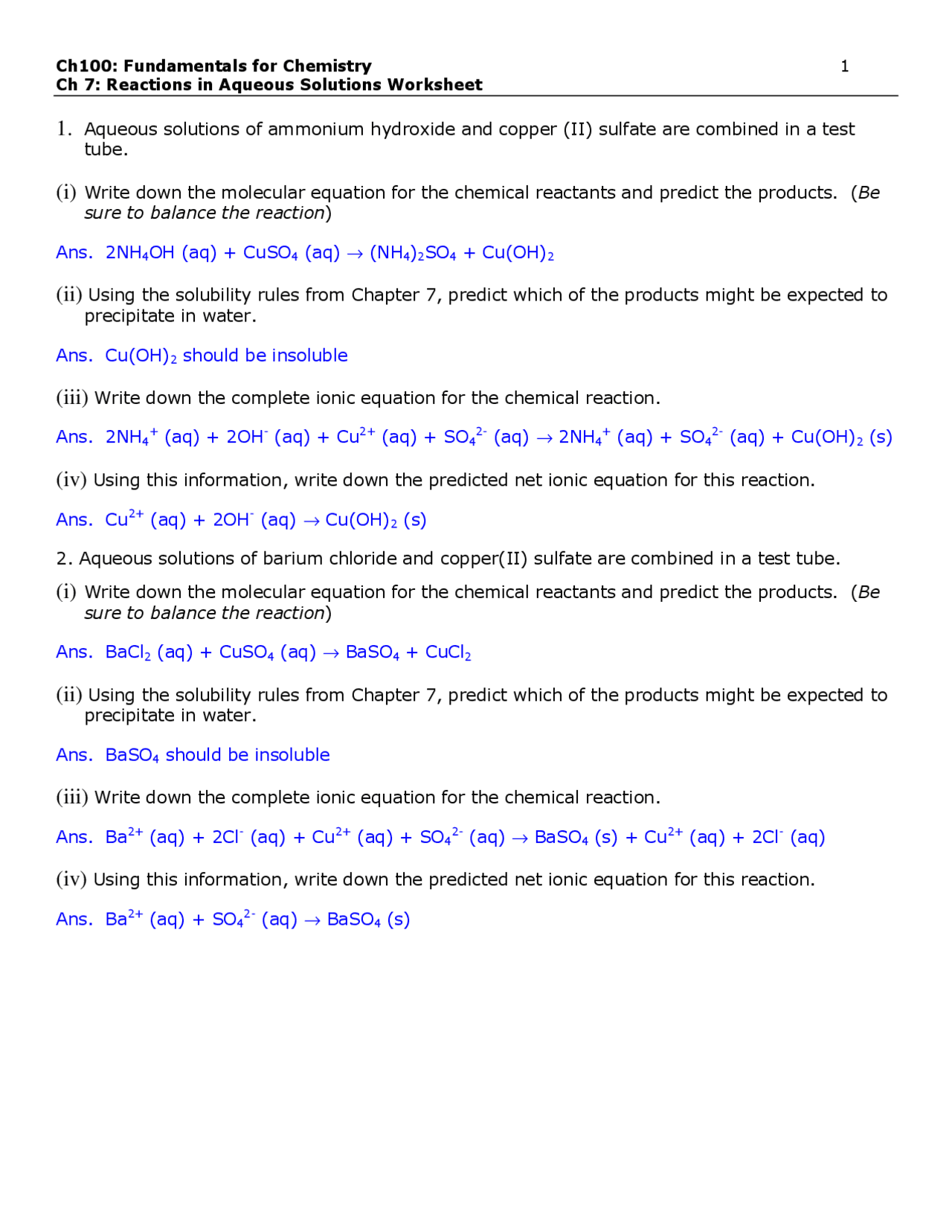 Reactions in the Aqueous Solution - Worksheet | CH 100 | Exams ...