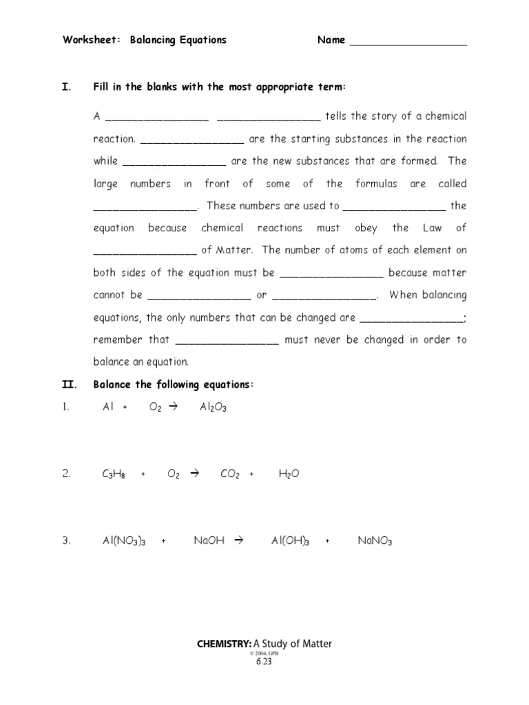 chemistry study of matter worksheet