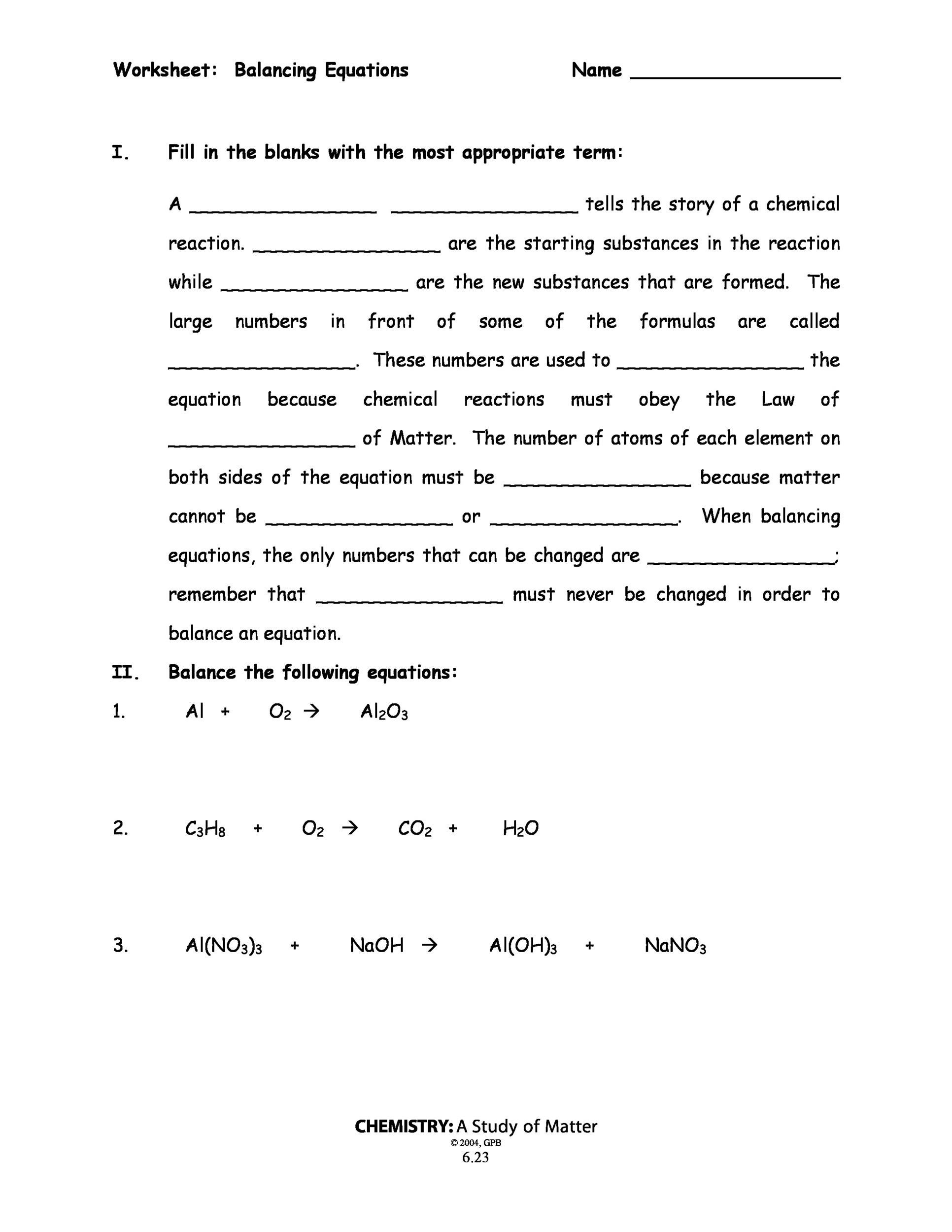 chemistry study of matter worksheet