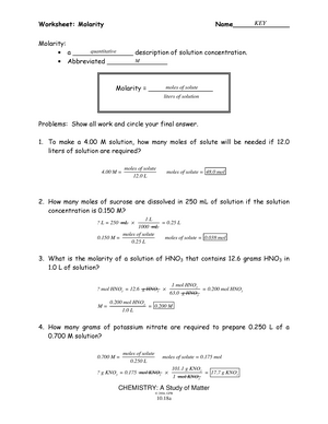 Microsoft Word - 10-18a,b Molarity wkst-Key - CHEMISTRY: A Study ...