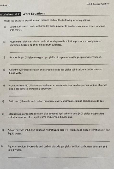 chemistry word equations worksheet answers