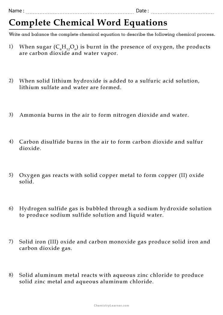 chemistry word equations worksheet answers