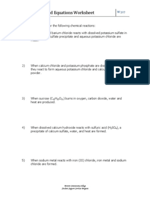 chemistry word equations worksheet answers