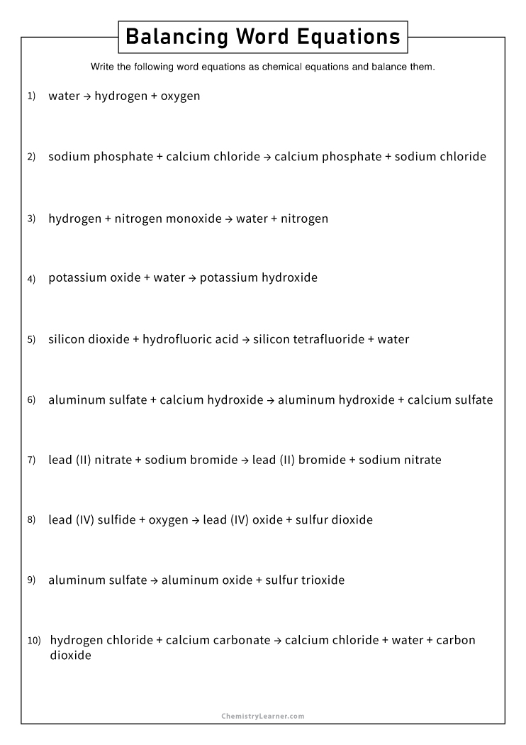 chemistry word equations worksheet answers