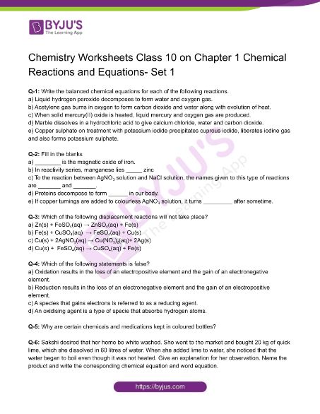 Class 10 Chemistry Worksheet on Chapter 1 Chemical Reactions and ...