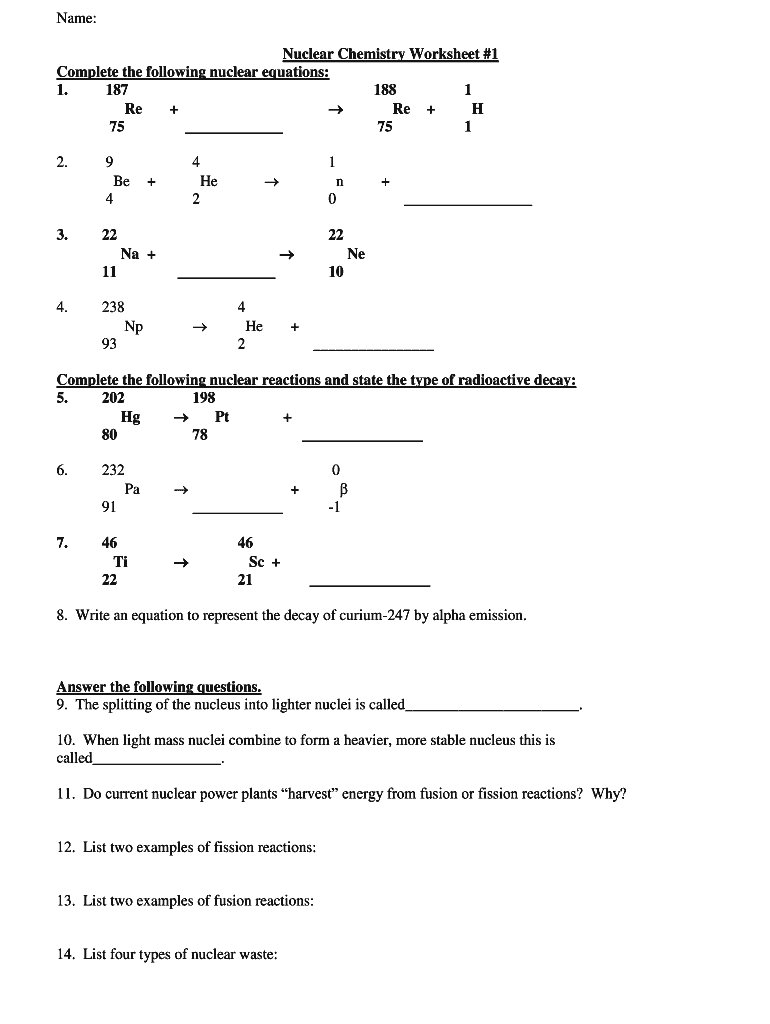 chemistry worksheet and answers