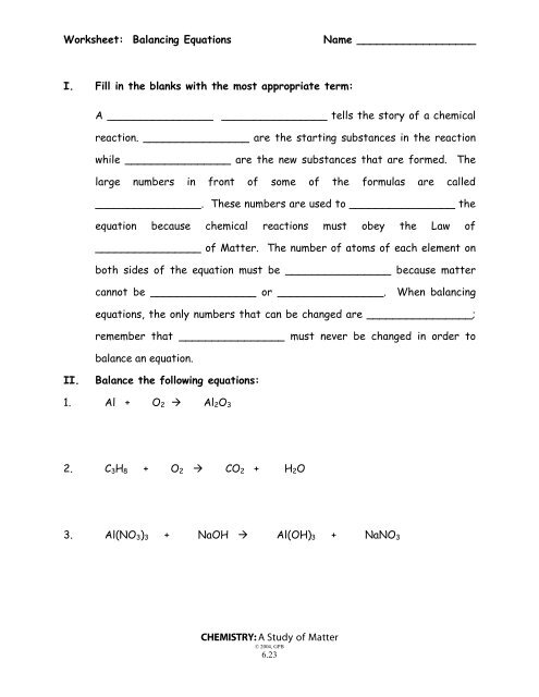 chemistry worksheet balancing equations