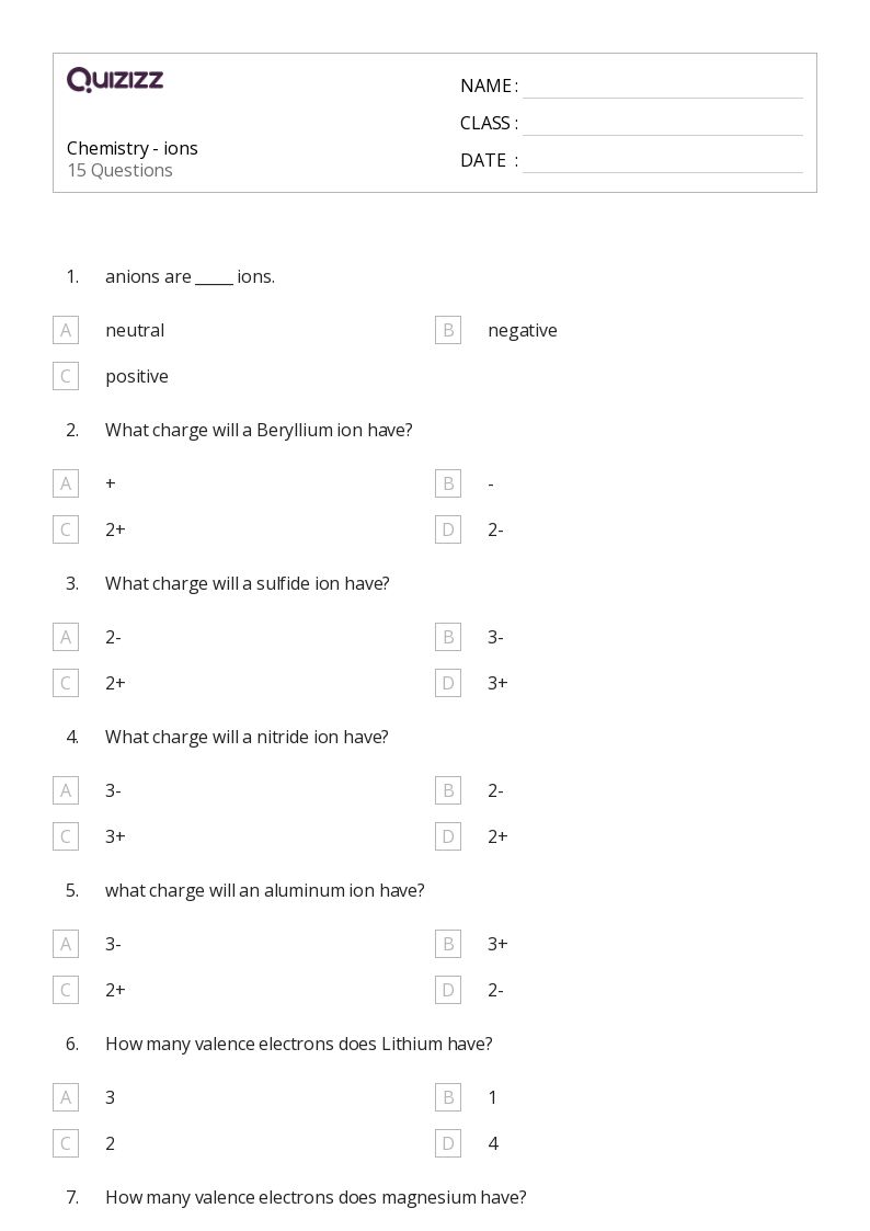chemistry worksheet for high school