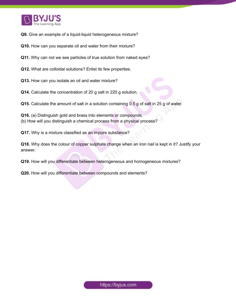 Class 9 Chemistry Worksheet on Chapter 2 Is Matter Around Us Pure ...