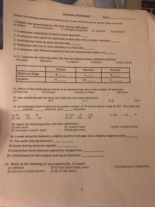 chemistry worksheet matter 1 answers