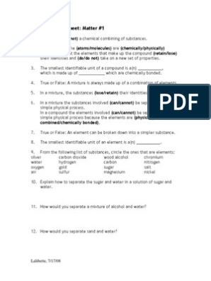 chemistry worksheet matter 1 key