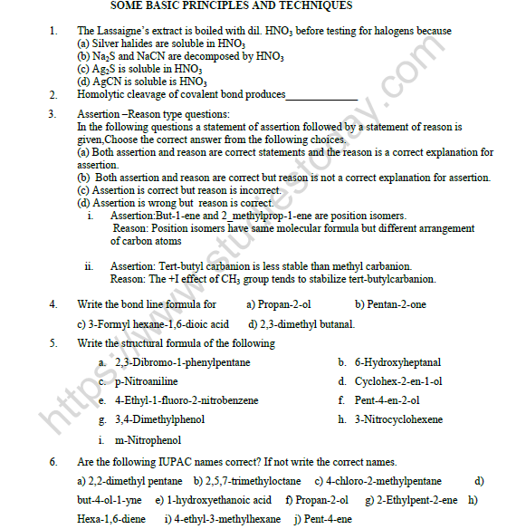 CBSE Class 11 Chemistry Organic Chemistry Worksheet