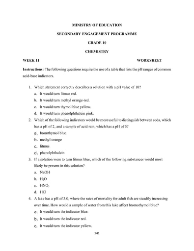 Grade 10 Chemistry Week 11 Lesson 1 Worksheet 1 and Solutions
