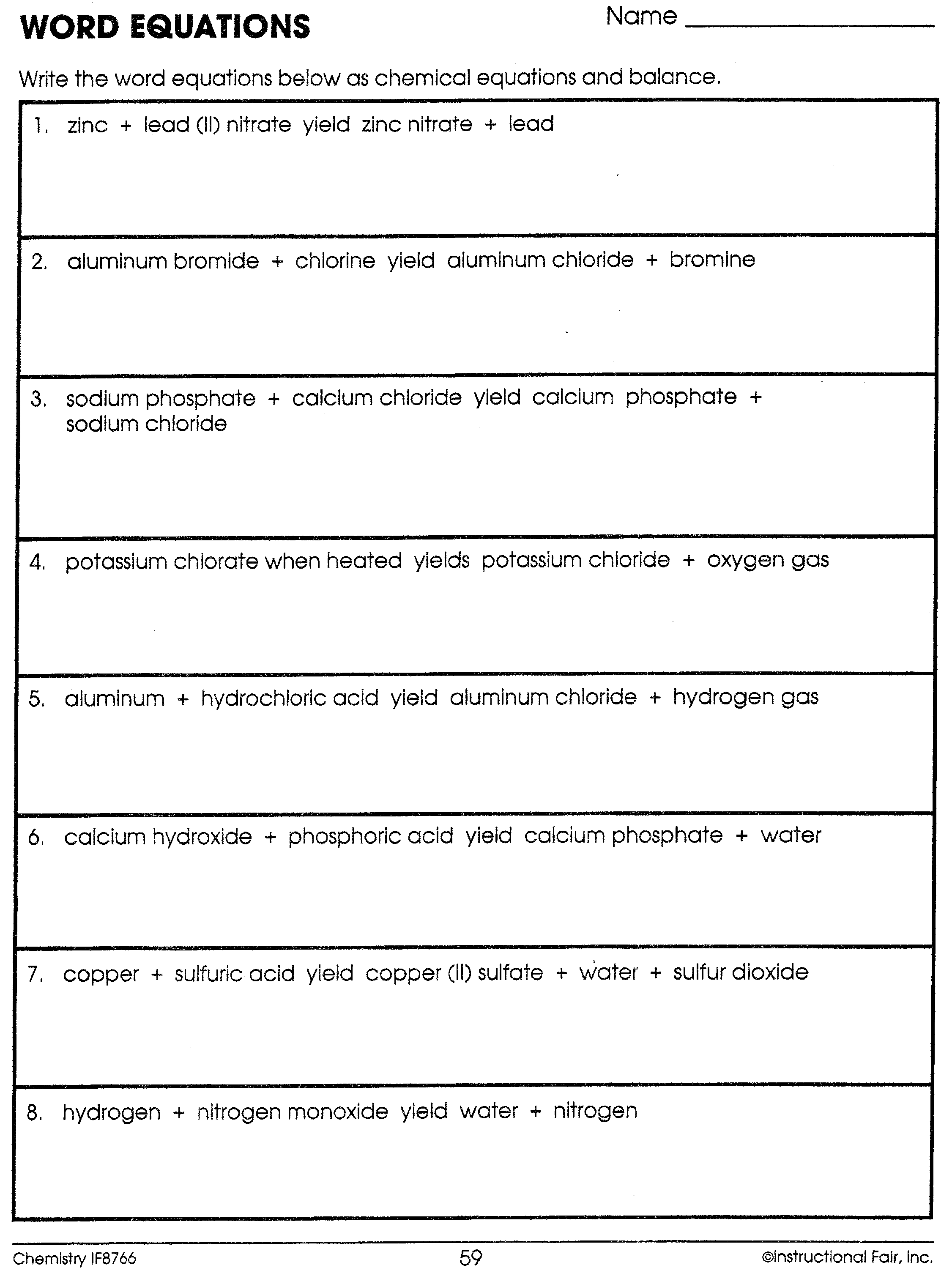 chemistry worksheet writing chemical equations