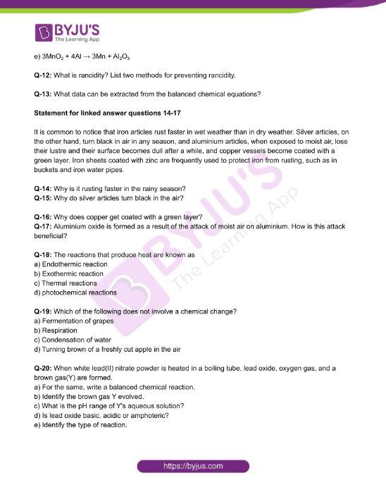 Class 10 Chemistry Worksheet on Chapter 1 Chemical Reactions and ...