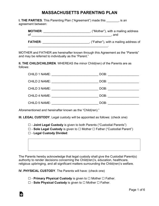 Free Massachusetts Custody (Parenting) Plan - PDF | Word - eForms