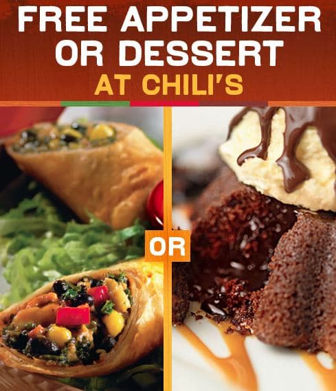 FREE Dessert or Appetizer at Chilis with Coupon!