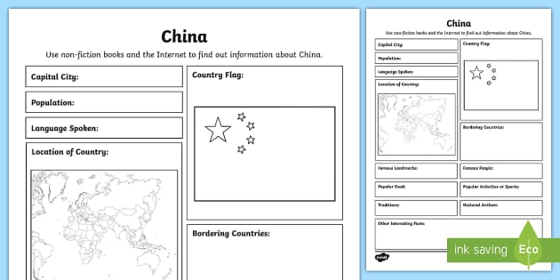 China Fact File Template | China Geography Worksheet (PDF)