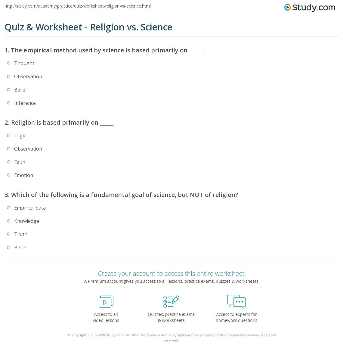 Quiz &  Worksheet - Religion vs. Science | Study.com