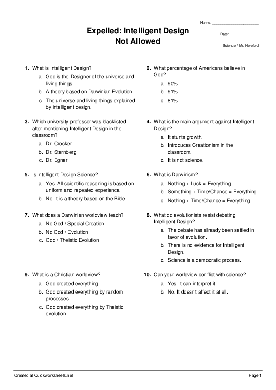 Expelled: Intelligent Design Not Allowed - Multiple Choice ...