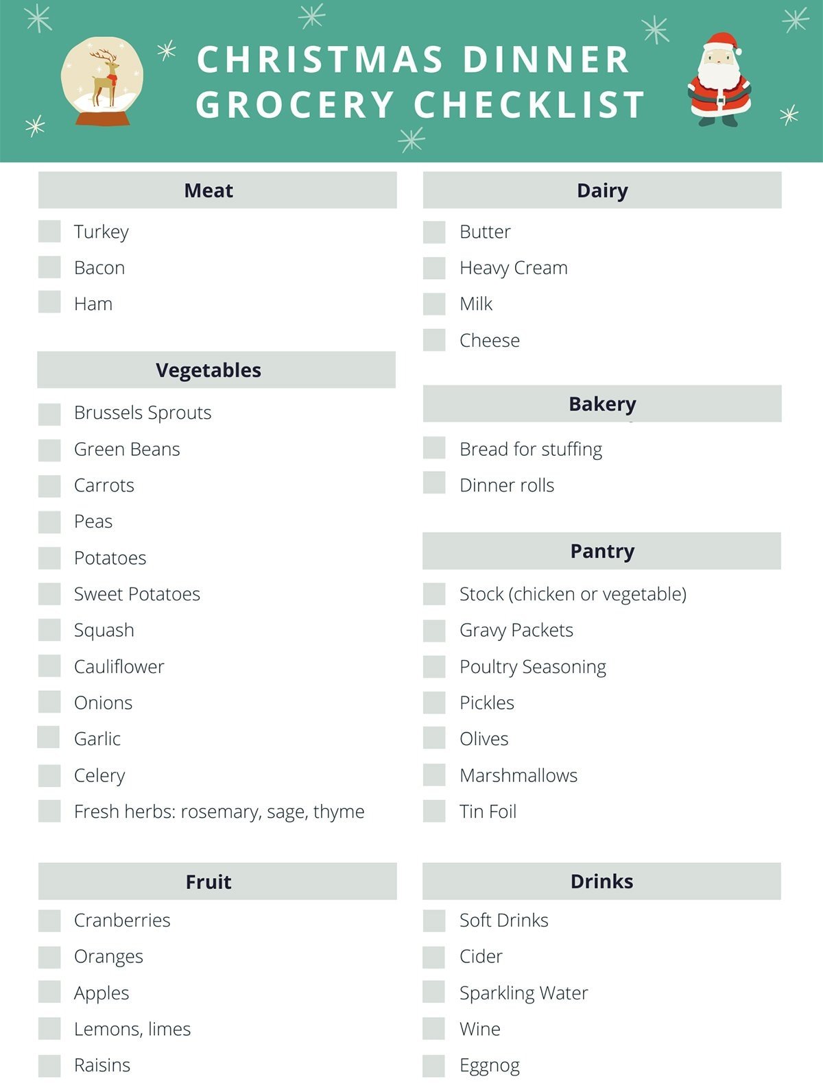christmas food shopping list template printable