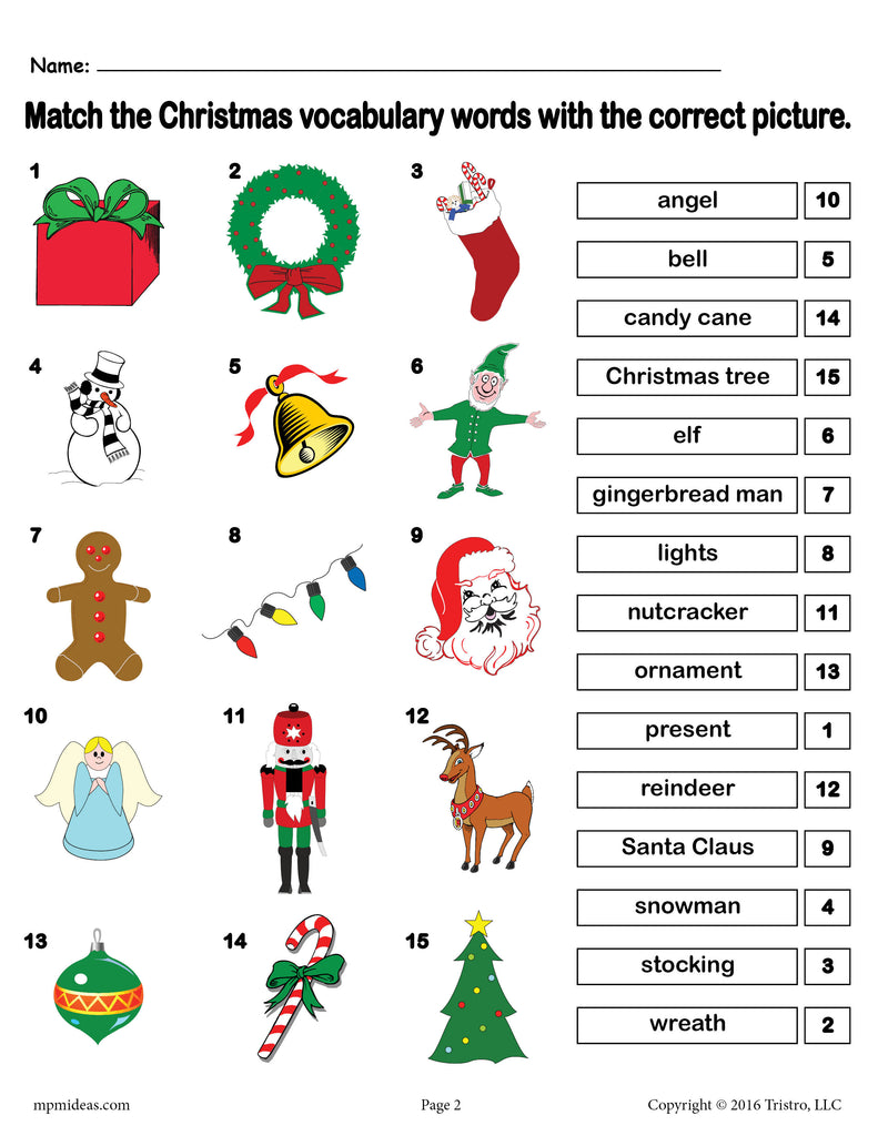 Printable Christmas Vocabulary Matching Worksheet!
