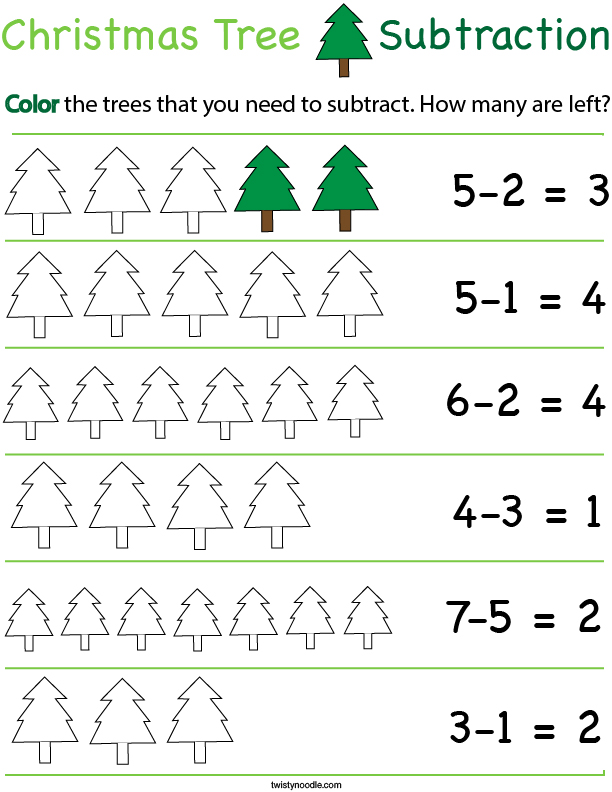 Preschool Math- Christmas Tree Subtraction Math Worksheet - Twisty ...